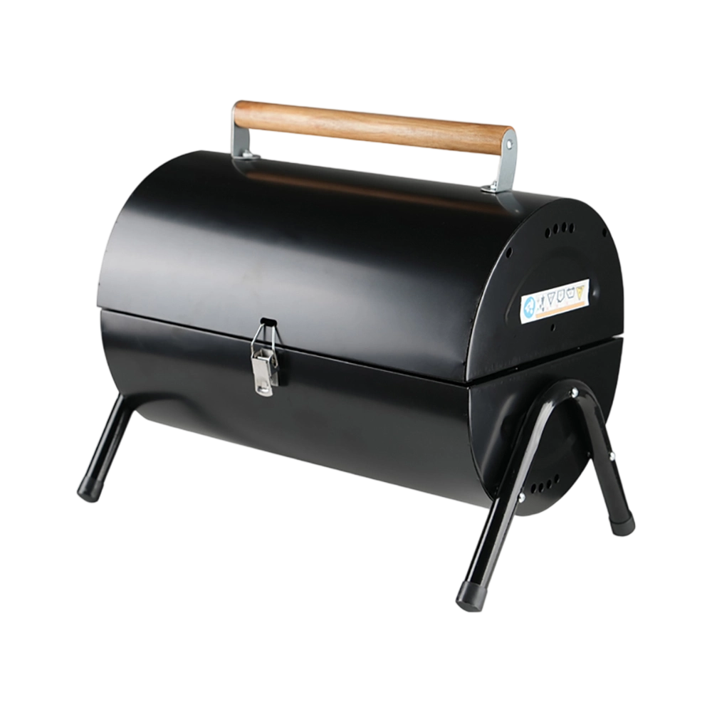 Portable round barrel grill, wooden handle, four-legged supporting stable structure