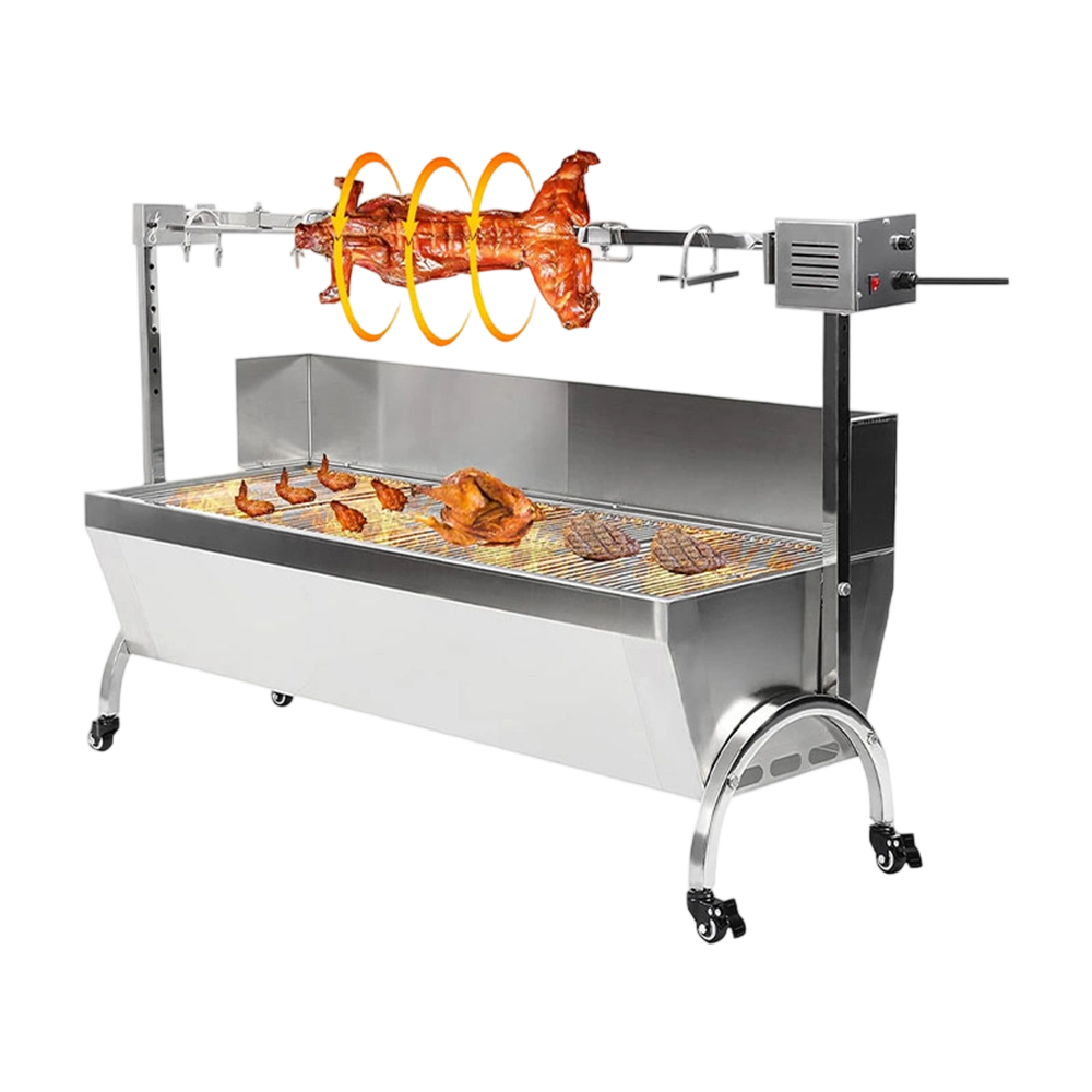46 Inch BBQ Rotisserie Grill Roaster Stainless Steel Barbecue Charcoal Grill with Back Cover Automatic Rotary Pig Lamb Spit Kit 15W 110V