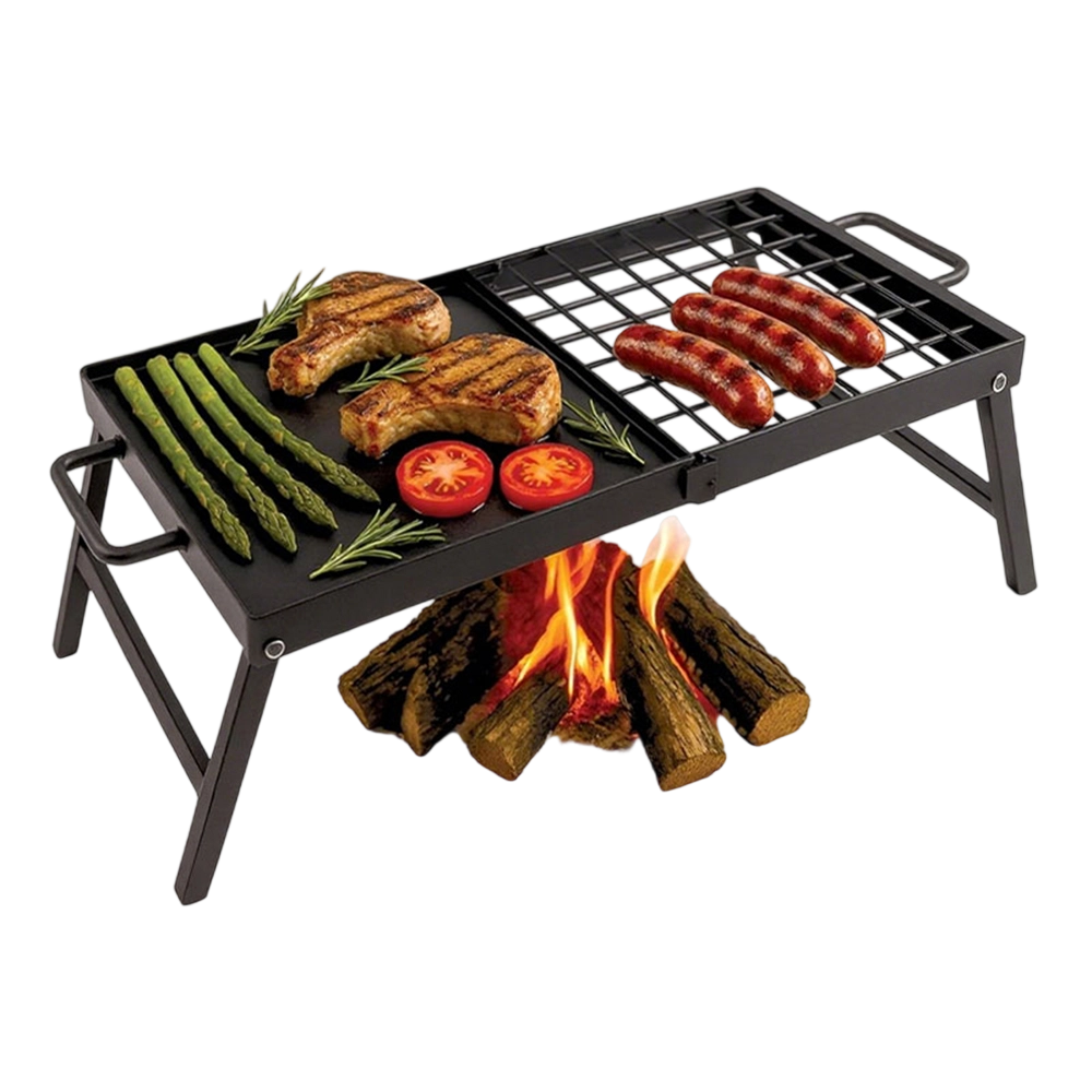 Carbon Steel Foldable Campfire Grill- Portable Grill Grate & Griddle with Large Non-Stick Surface,Sturdy Fold-Out Legs, compact for Storage, Use Over Fire Pit