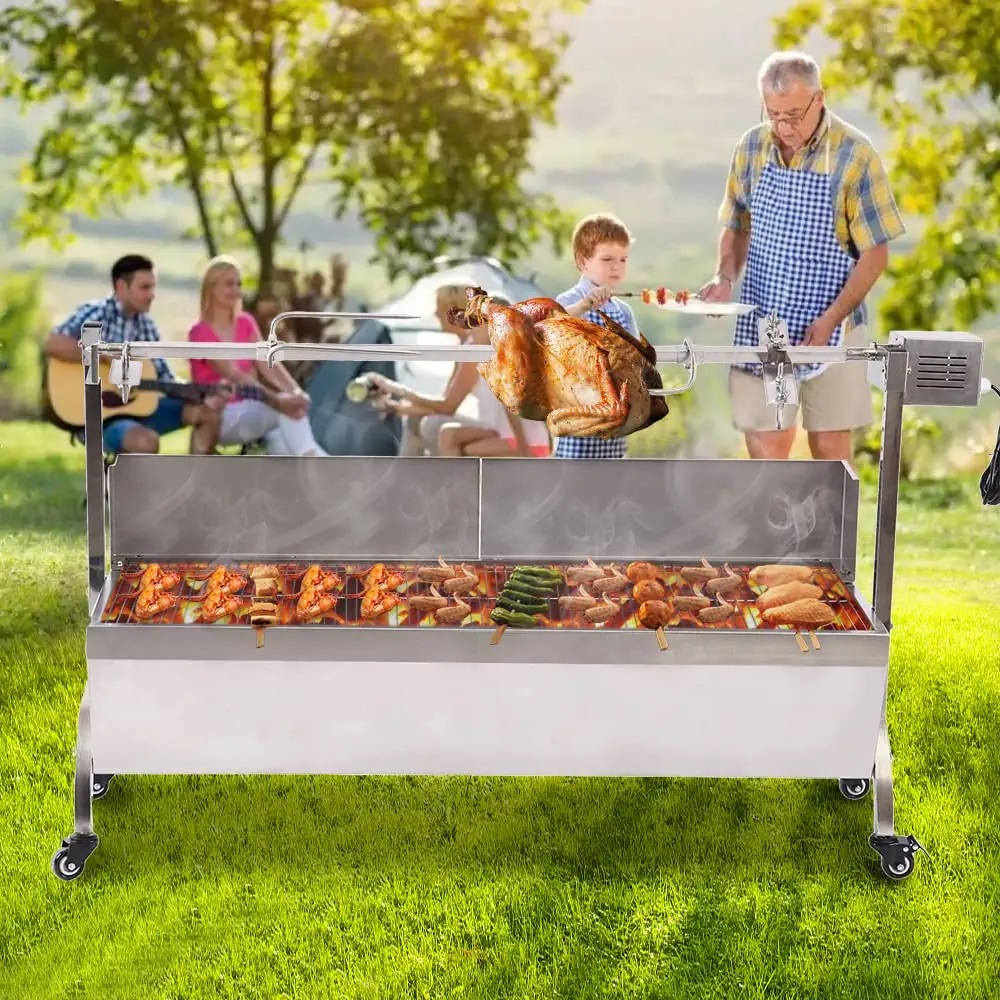 46 Inch BBQ Rotisserie Grill Roaster Stainless Steel Barbecue Charcoal Grill with Back Cover Automatic Rotary Pig Lamb Spit Kit 15W 110V