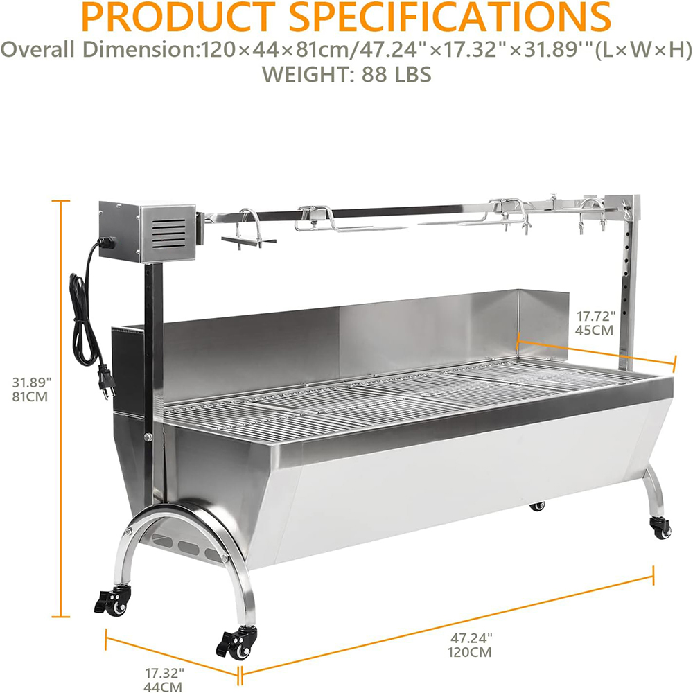 46 Inch BBQ Rotisserie Grill Roaster Stainless Steel Barbecue Charcoal Grill with Back Cover Automatic Rotary Pig Lamb Spit Kit 15W 110V