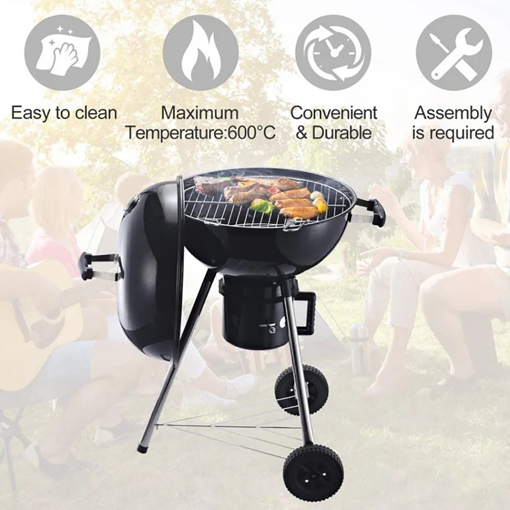 Freestanding Kettle charcoal BBO GrilPortable Cooking Smoker Outdoor camp PicnicBarbecue cooker with Wheels and StorageShelves
