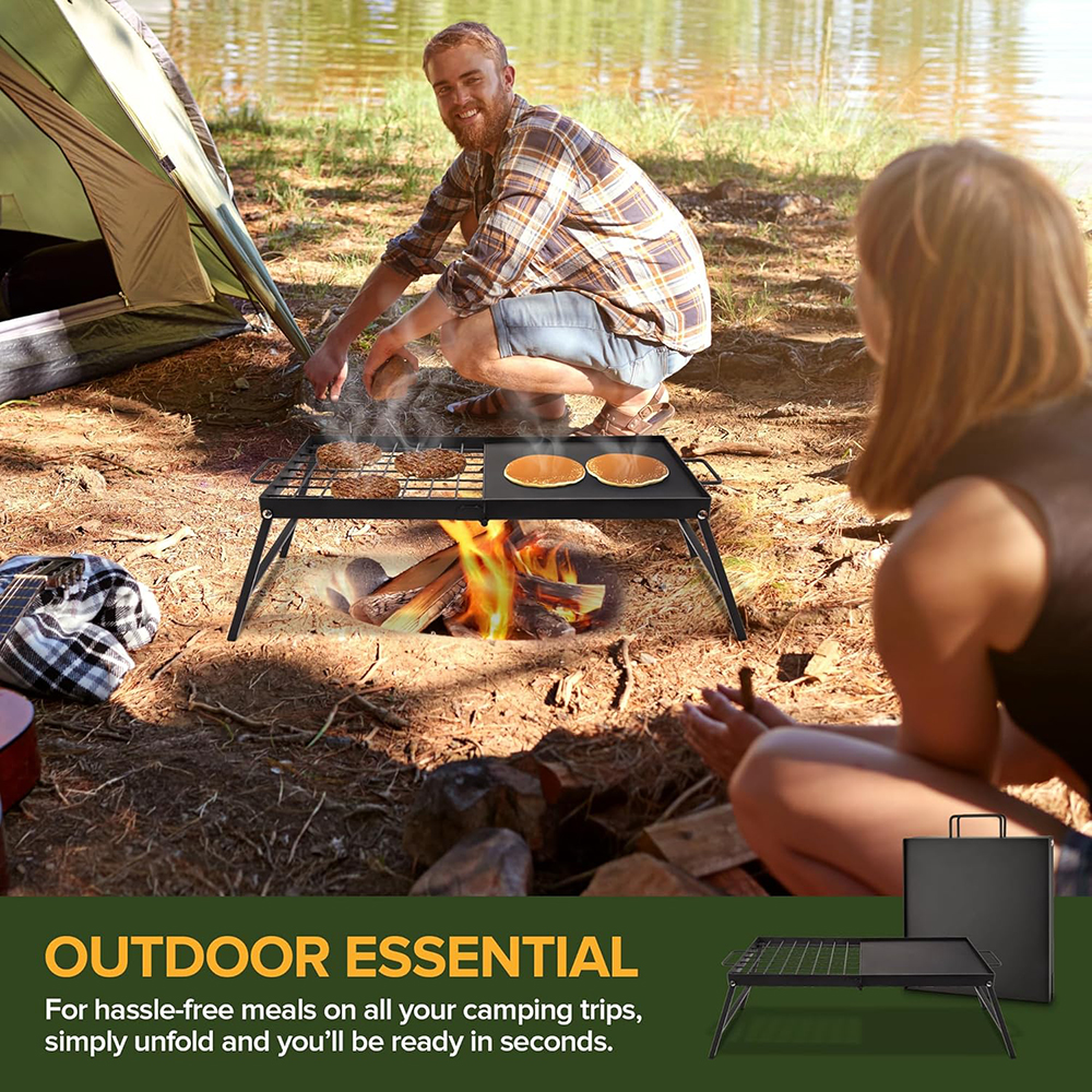 Carbon Steel Foldable Campfire Grill- Portable Grill Grate & Griddle with Large Non-Stick Surface,Sturdy Fold-Out Legs, compact for Storage, Use Over Fire Pit