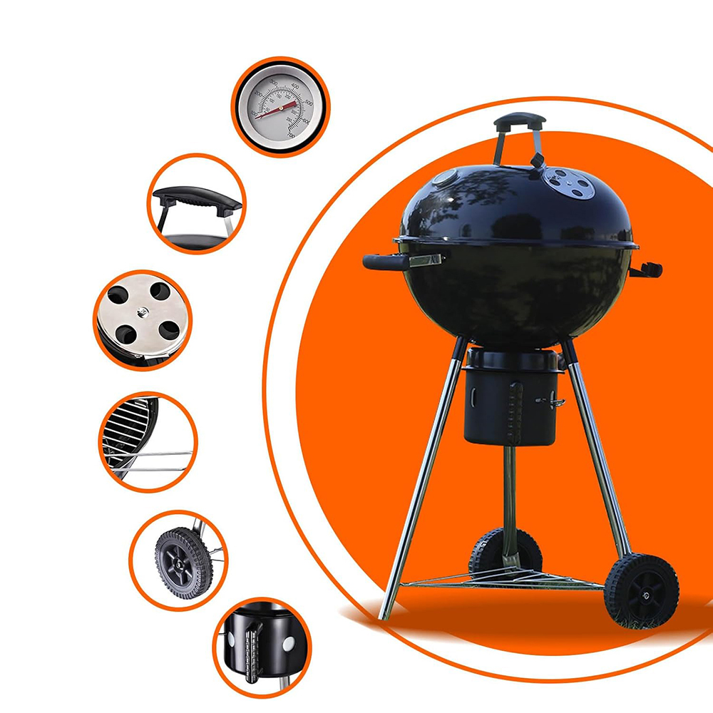 Freestanding Kettle charcoal BBO GrilPortable Cooking Smoker Outdoor camp PicnicBarbecue cooker with Wheels and StorageShelves