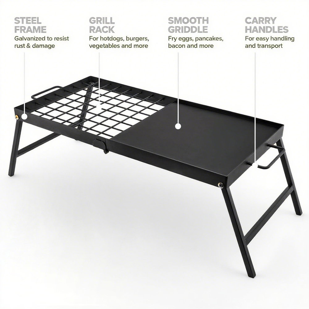 Carbon Steel Foldable Campfire Grill- Portable Grill Grate & Griddle with Large Non-Stick Surface,Sturdy Fold-Out Legs, compact for Storage, Use Over Fire Pit