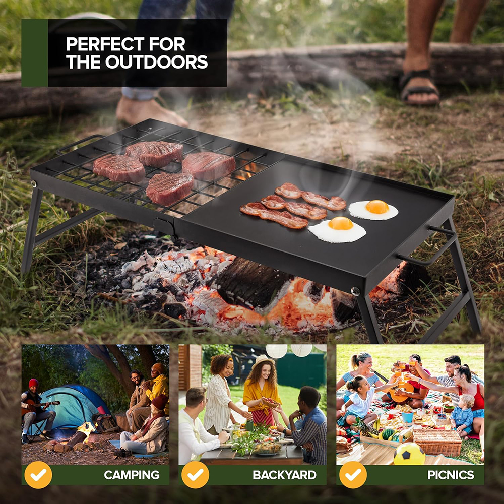 Carbon Steel Foldable Campfire Grill- Portable Grill Grate & Griddle with Large Non-Stick Surface,Sturdy Fold-Out Legs, compact for Storage, Use Over Fire Pit