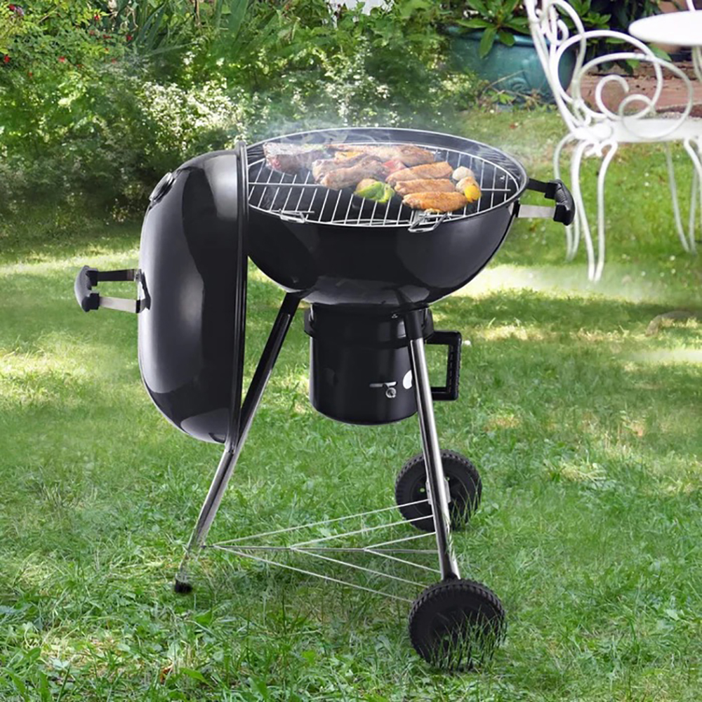 Freestanding Kettle charcoal BBO GrilPortable Cooking Smoker Outdoor camp PicnicBarbecue cooker with Wheels and StorageShelves