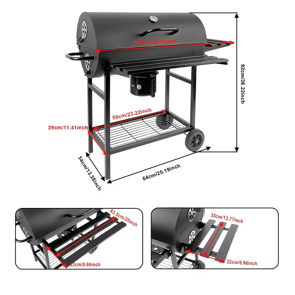 Portable Charcoal BBQ Grill Steel Offset Smoker Combo Backyard Oil Drums Barrel