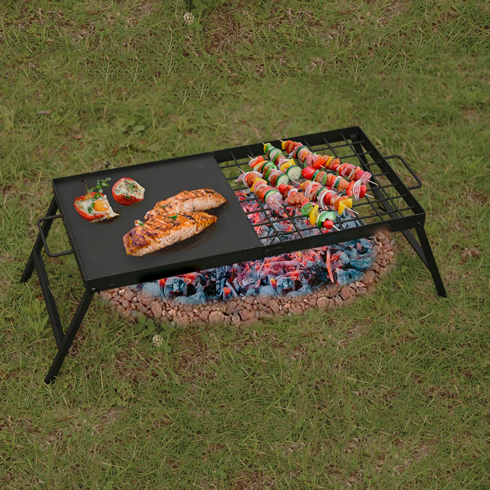 Carbon Steel Foldable Campfire Grill- Portable Grill Grate & Griddle with Large Non-Stick Surface,Sturdy Fold-Out Legs, compact for Storage, Use Over Fire Pit